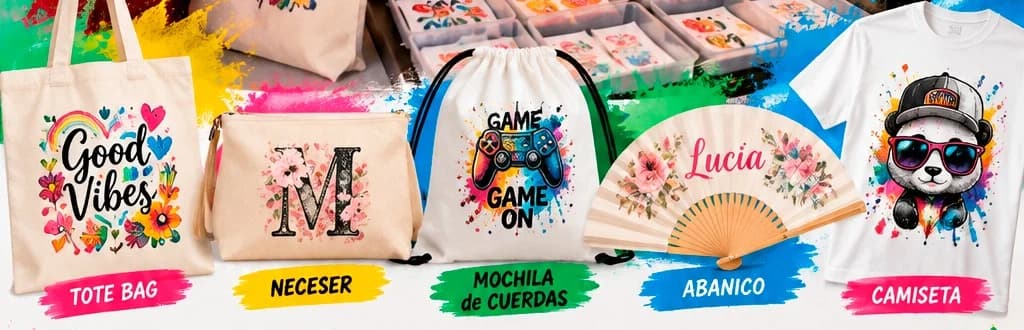 Tote bag, neceser, mochila de cuerdas, abanico y camiseta personalizados en el Custom Bar