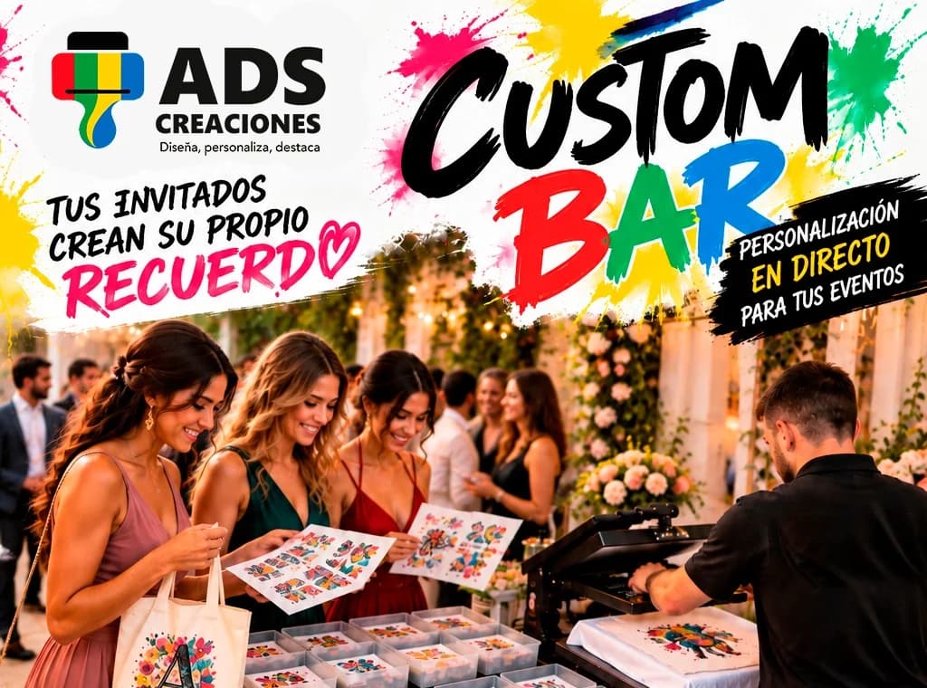 Invitadas de una boda eligiendo diseños en el Custom Bar mientras el operador estampa una camiseta