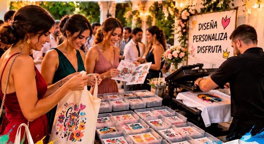 Invitados personalizando bolsas y camisetas en el Custom Bar de ADS Creaciones durante una boda